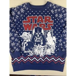 Star Wars Ladies Size L Navy Blue Glitter Fleece Sweatshirt Spellout Graphic EUC